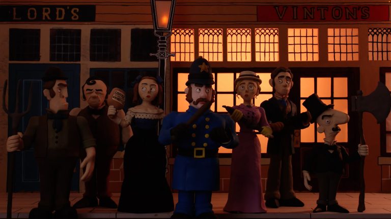 Still from animation The Curse of Dracular. A group of people are lined up against a row of shops, next to a street light. They are holding a variety of things in a menacing way.