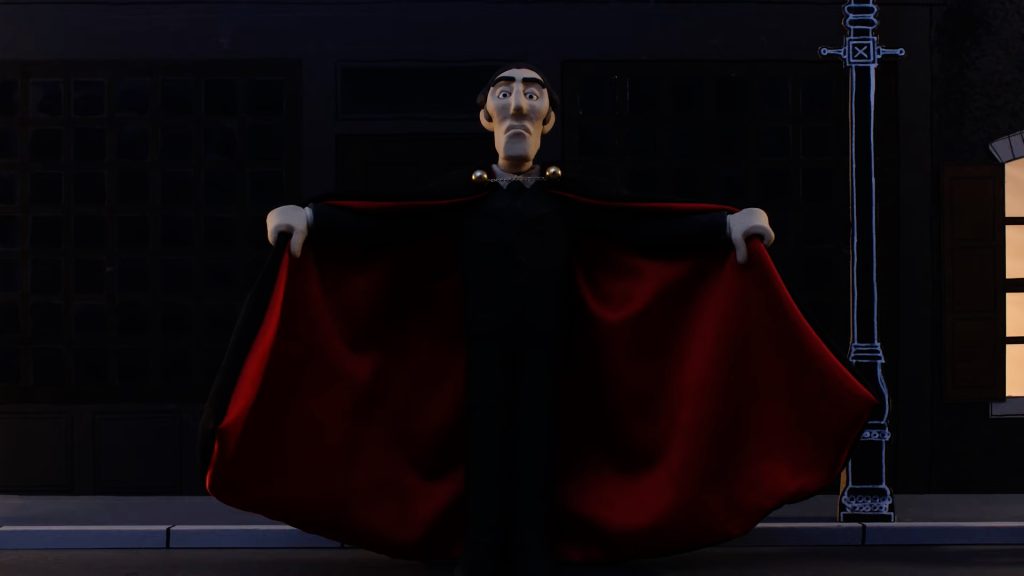 Still from animation 'The Curse of Dracular'. Dracula is wearing all black with a gold fastening around his cloak.