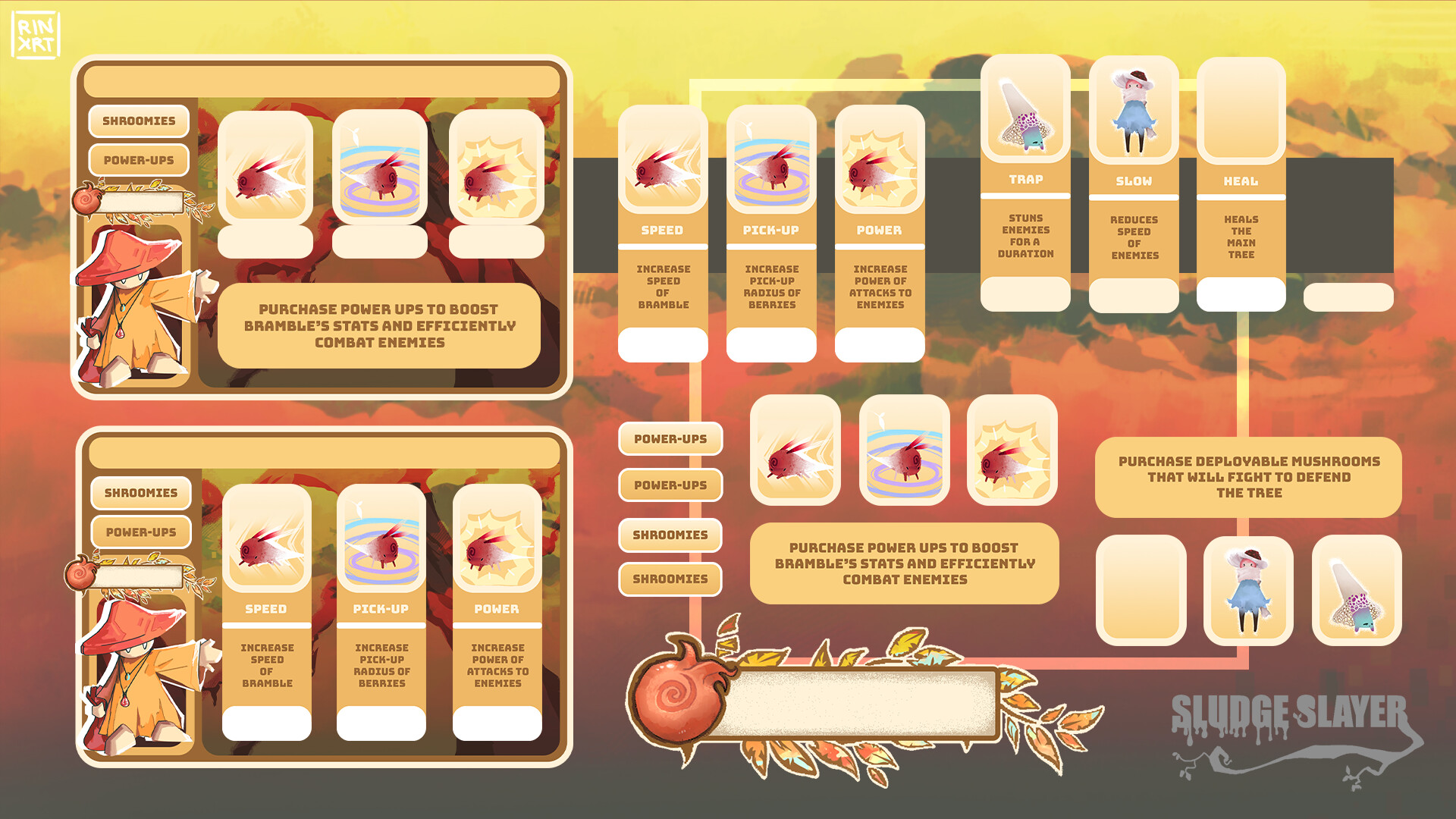 A flow chart illustrating the game journey; a background of orange mist and mountains, overlayed with yellow boxes illustrating parts of the game.