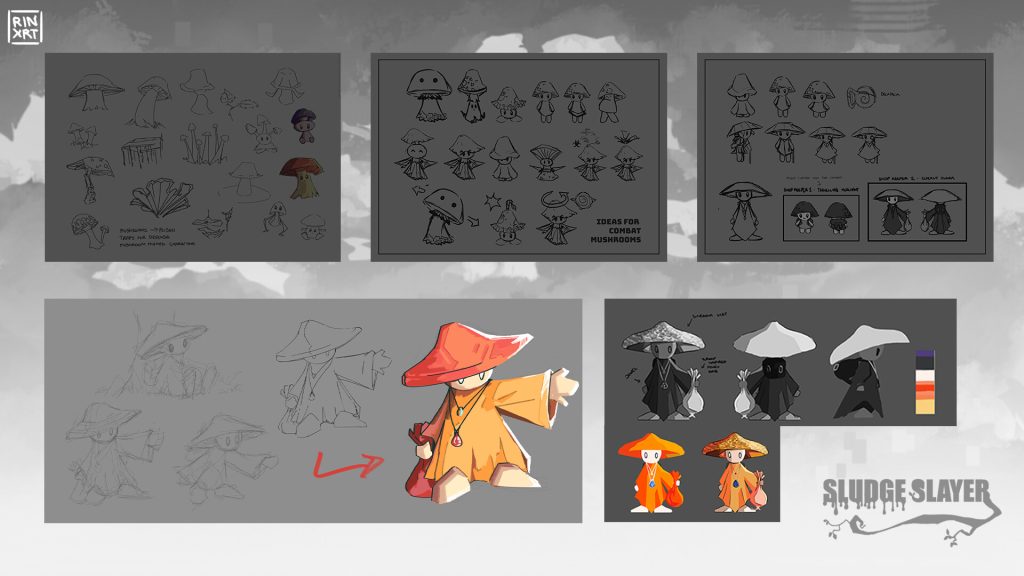 Character designs for the shop keeper in Sludge Slayer. A series of sketches on a grey background; the final design is a character in a golden robe with a large orange hat.