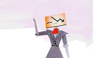 Still from game 'Make Me Rich'. An animated character with a monitor for a head, a grey suit and red cravat is smiling and waving. The background is a pale pink.