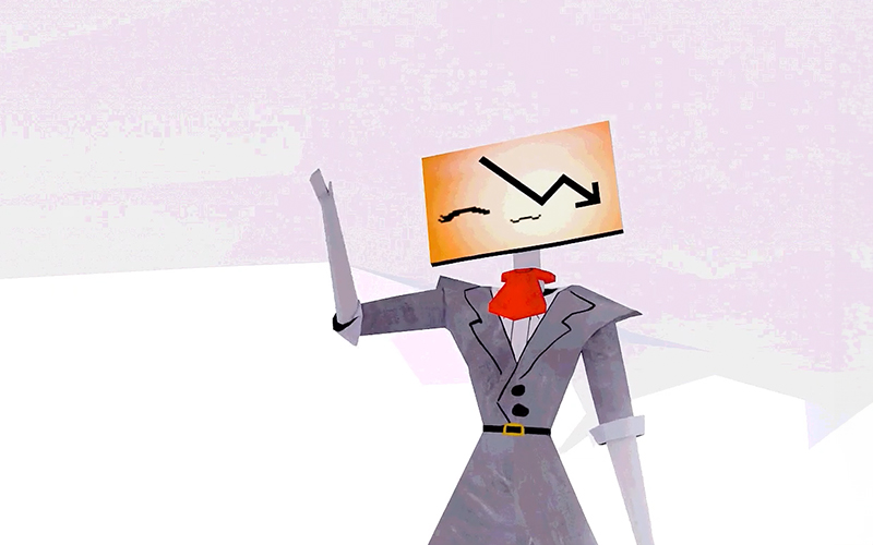 Still from game 'Make Me Rich'. An animated character with a monitor for a head, a grey suit and red cravat is smiling and waving. The background is a pale pink.