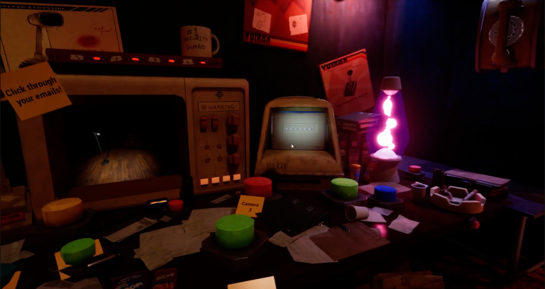 Still from game 'Hot Seat'. A retro office desk in a dark room. There are old computers and cluttered notes and buttons everywhere.