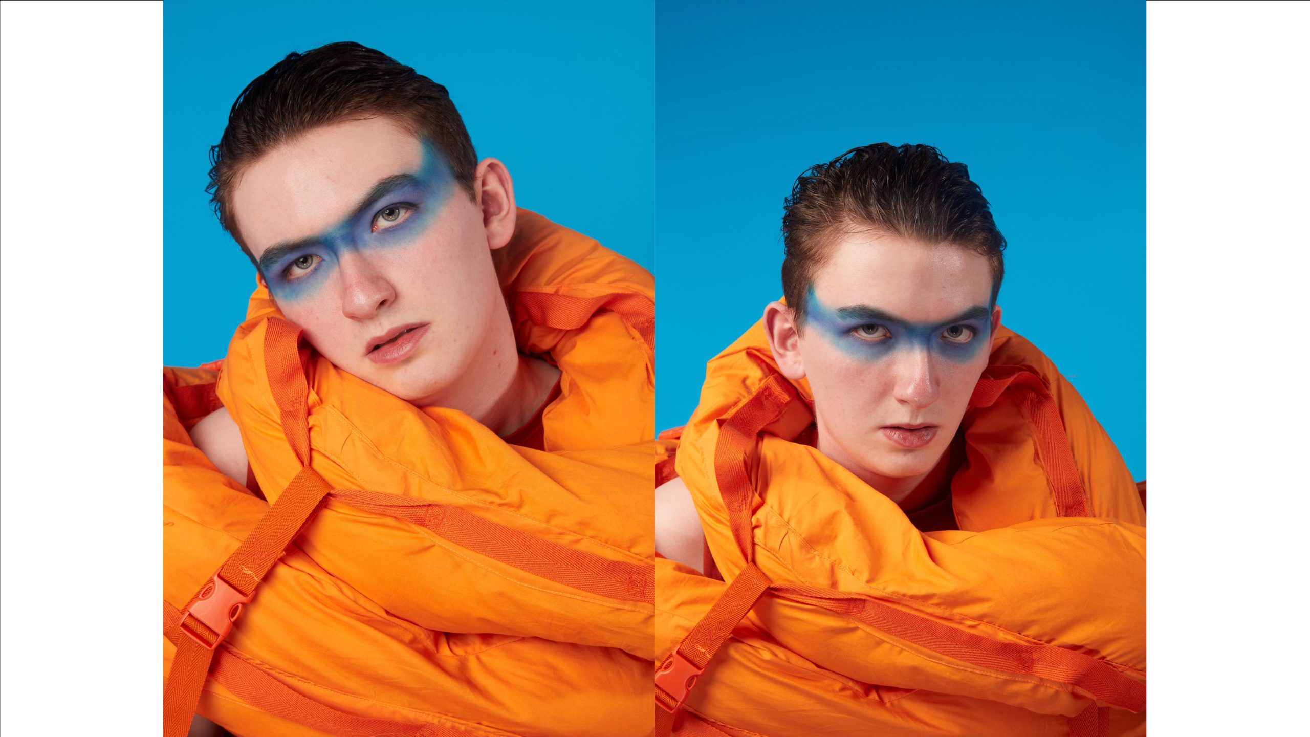 Two photographs by May Gauntlett. Head and shoulders of a model wearing a bright orange outfit. They have a strip of bright blue facepaint across their eyes and are in front of a blue background.