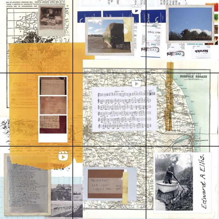 Tiles from an Instagram profile showing a collage of maps and images of the Norfolk Broads.