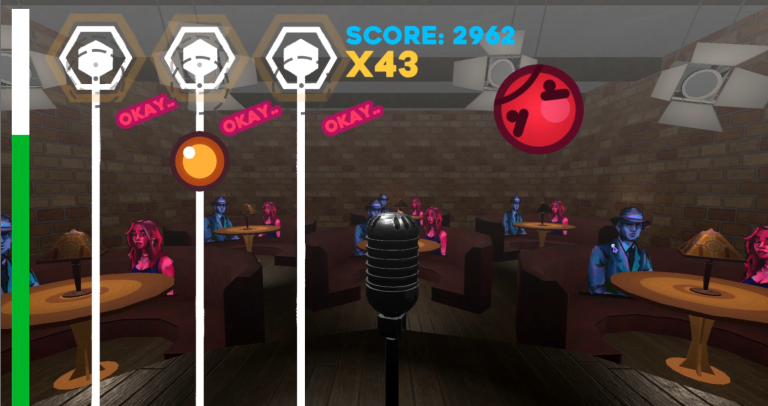 Still from game 'Tough Crowd'. A background of a bar with lots of small round tables. Overlayed are three white bars, a yellow dot is moving towards the top of the bars.