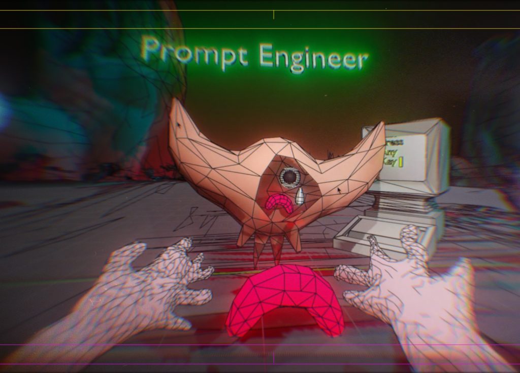 A digital image of a two horned creature with one eye and a sad face standing next to an old style PC. Two deformed hands are reaching towards the creature.