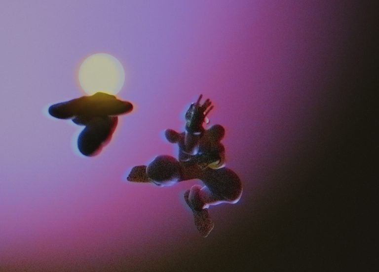 Abstract humanoid figure with a mask floats on a grainy purple and black background with a floating rock platform behind them with full moon backdrop