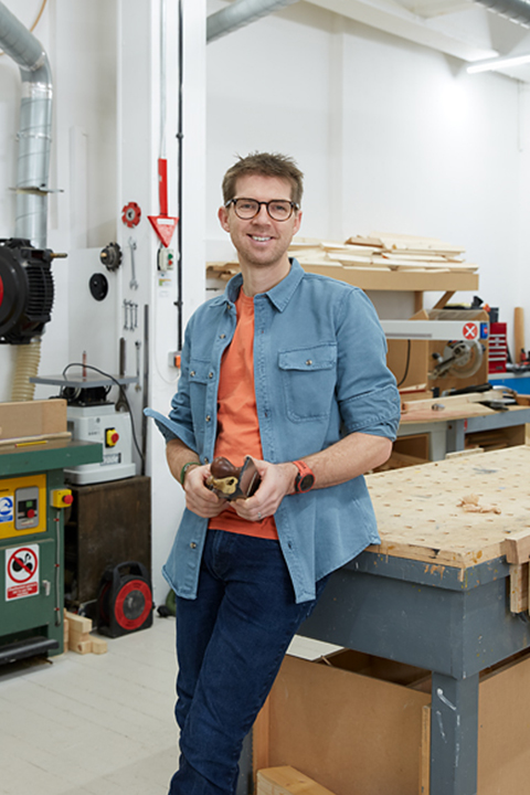 Staff portrait of Hugh Smith in the 3D workshop at Norwich