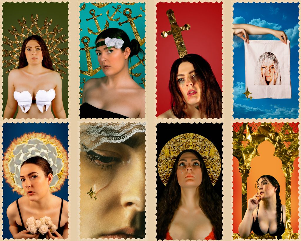 Collage of work by photography student Claudy Woods. A series of 8 self portraits in the style of several Catholic saints.