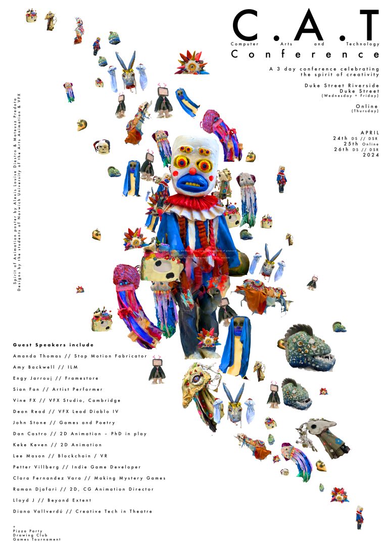 A colourful, eclectic poster featuring a central, clown-like figure surrounded by a variety of smaller figures, all humanoid figures including monsters, animals and fictional characters. The conference speakers are listed in black text on a white background.