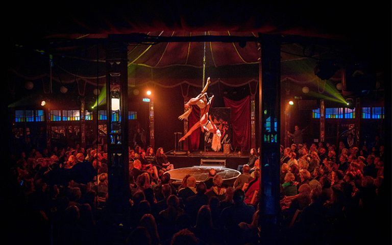 The photo is from The Norfolk & Norwich Festival. The image is of what looks like a circus/acrobatic performance with a large audience of people watching.