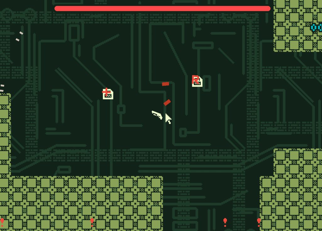 Still from game 'error404'. A dark green background has a circuit board pattern on it. In front are light green walls of a square pattern; a few little objects are flying around the screen.