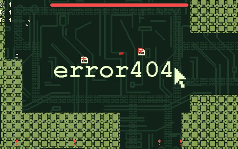 Still from game 'error404'. A dark green background has a circuit board pattern on it. In front are light green walls of a square pattern; a few little objects are flying around the screen. 'error404' is in the centre of the image in pale green text.