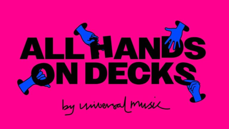 Graphic with the text "ALL HANDS ON DECKS" in black on a pink background, accompanied by illustrations of hands in blue sleeves, with "by Universal Music" below in smaller font.