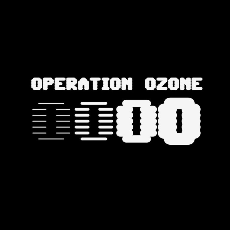 A graphic design featuring the text "OPERATION OZONE" in white, with stylised elements resembling a digital interface, including bar and circle patterns, on a black background.