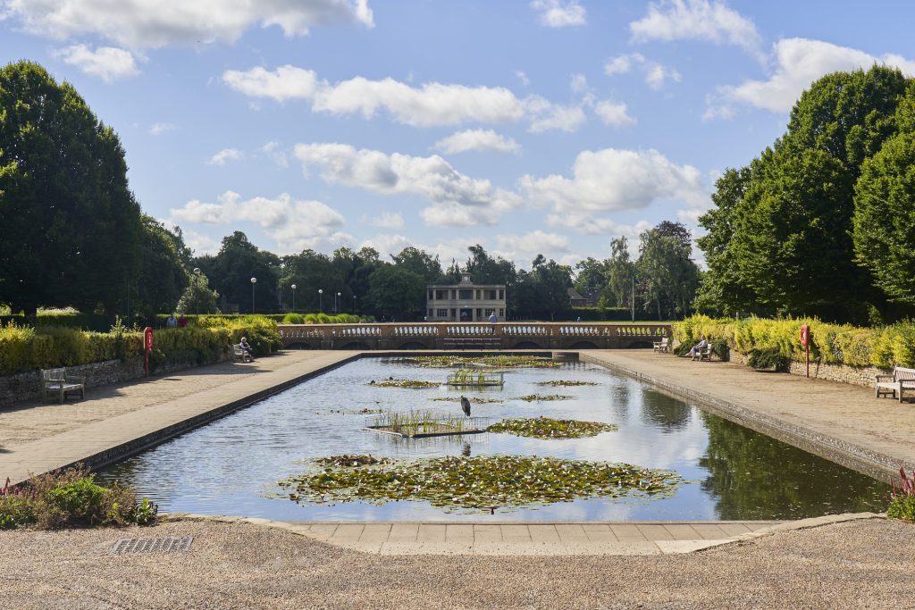 A rectangular pond surrounded by lush greenery with lily pads floating on the water. A bird stands on a rock in the middle of the pond. Benches and trees line the sides, and a large building is visible in the background under a partly cloudy sky.