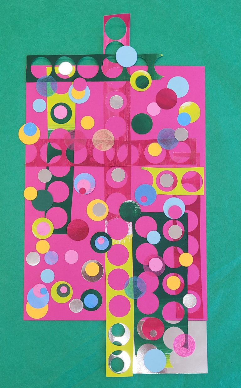 A vibrant abstract collage featuring multicolored circles of various sizes on a bright pink rectangular background. The circles overlap and intersect, creating an intricate and playful mix of colors and patterns. The whole composition is set against a green backdrop.