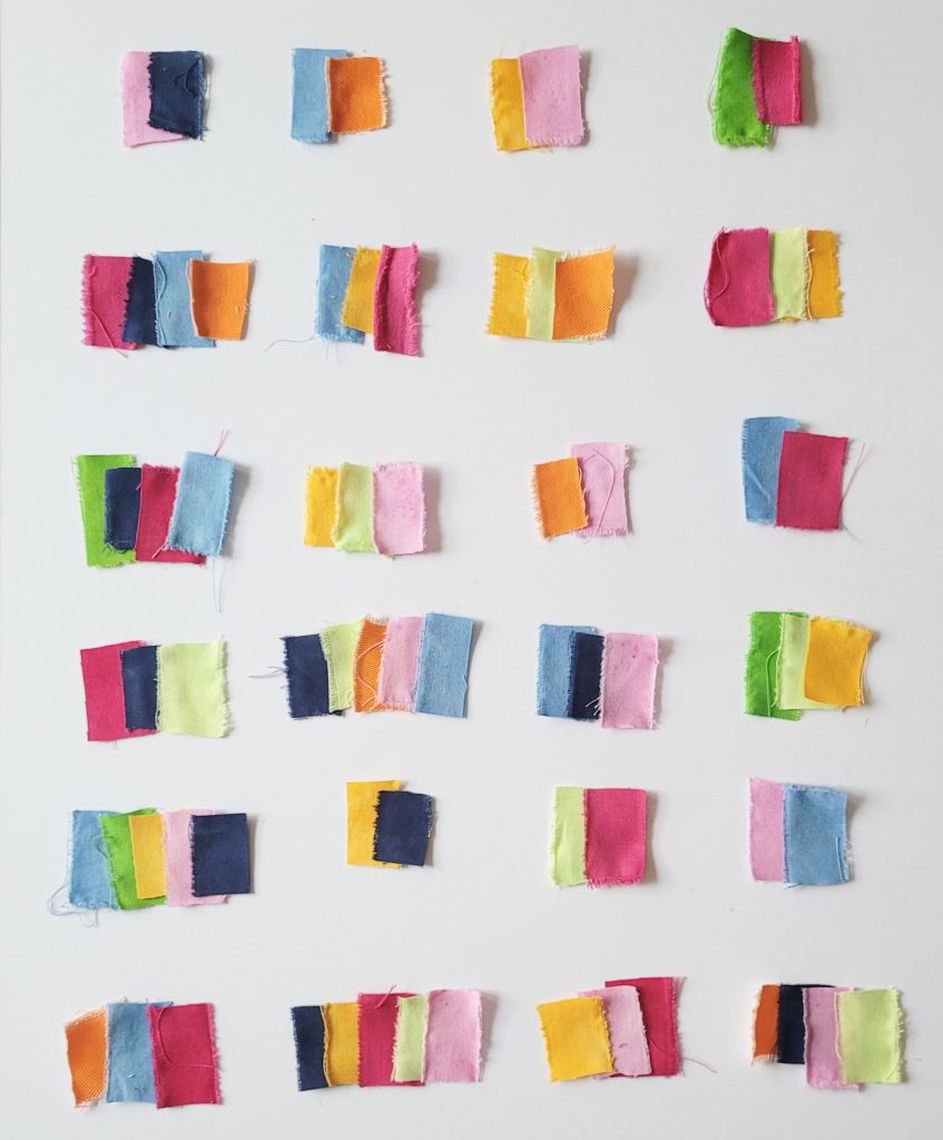 A grid of fabric squares in various bright colors, each row featuring different color combinations. The squares are arranged systematically against a white background, showcasing shades of blue, pink, green, yellow, and orange.