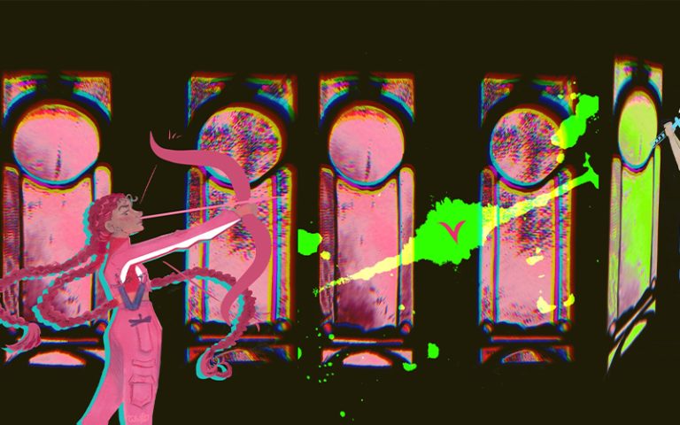 A digital artwork featuring a pink-hued figure shooting arrows at a floating, colourfully dressed person against a backdrop of neon-stained glass windows. Bright splashes of neon paint punctuate the dark space, highlighting the intense, surreal atmosphere.