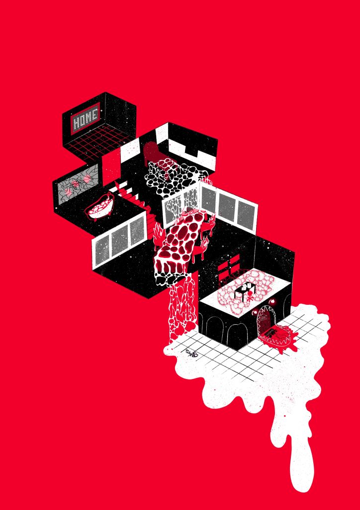 A surreal, abstract composition in red, black, and white, depicting a series of connected rooms with unusual objects. A giant heart spills over one room, a bed in another. There’s a lit "HOME" sign above, and melting shapes flow from the bottom, creating a dynamic visual.