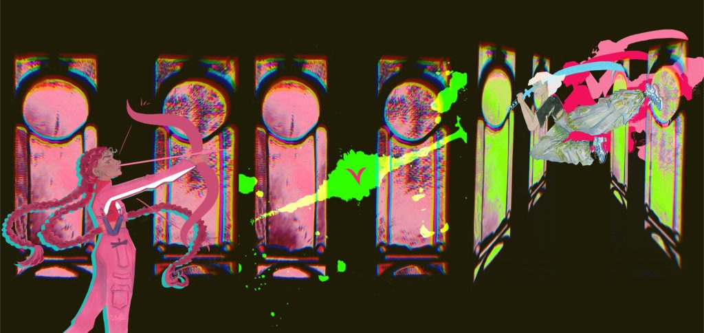 A digital artwork featuring a pink-hued figure shooting arrows at a floating, colourfully dressed person against a backdrop of neon-stained glass windows. Bright splashes of neon paint punctuate the dark space, highlighting the intense, surreal atmosphere.