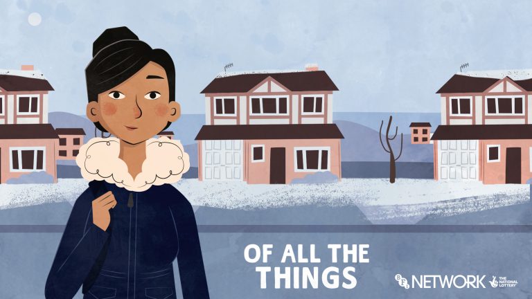 Illustration of a woman with dark hair wearing a blue coat with a white fur collar. She is holding a bag strap and stands in front of snow-covered houses. The text reads "OF ALL THE THINGS".