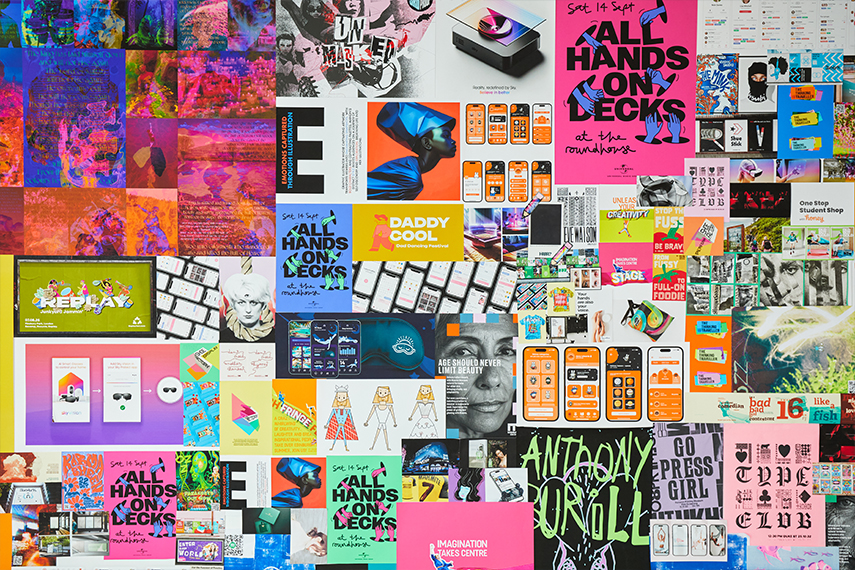 A vibrant collage of various posters, artwork, advertisements, and design pieces displayed on a wall. The collage features bold typography, colourful graphics, and diverse styles, showcasing a mix of artistic expressions and creative promotional material.