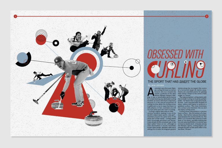 A magazine spread titled "Obsessed with Curling: The Sport That Has Swept the Globe." It features a large, central image of a curling player in action surrounded by smaller images of people curling. The background has dynamic design elements in red, white, and blue.