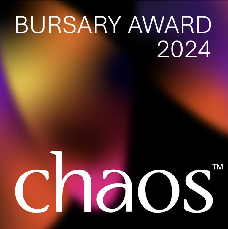 A promotional graphic for the "Bursary Award 2024" by Chaos. The background features a blend of vibrant, abstract colors in shades of purple, orange, and yellow.