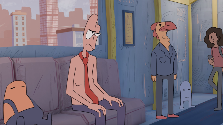 A cartoon scene in a train, featuring four anthropomorphic characters. The central character looks grumpy with a red tie. Another character has a chicken's head, while a third one is using a smartphone. The background shows an urban setting with buildings.