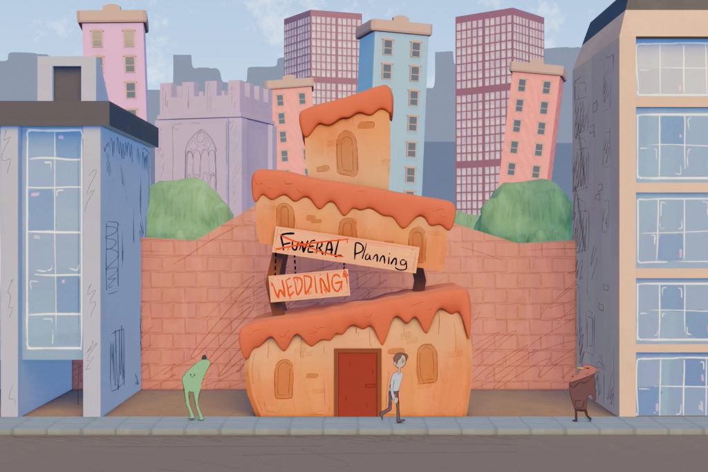 A quirky building resembling a layered cake sits between modern high-rise buildings. Its three tiers have signs for "Funeral Planning" and "Wedding" crossed out. Characters stand outside on the sidewalk.