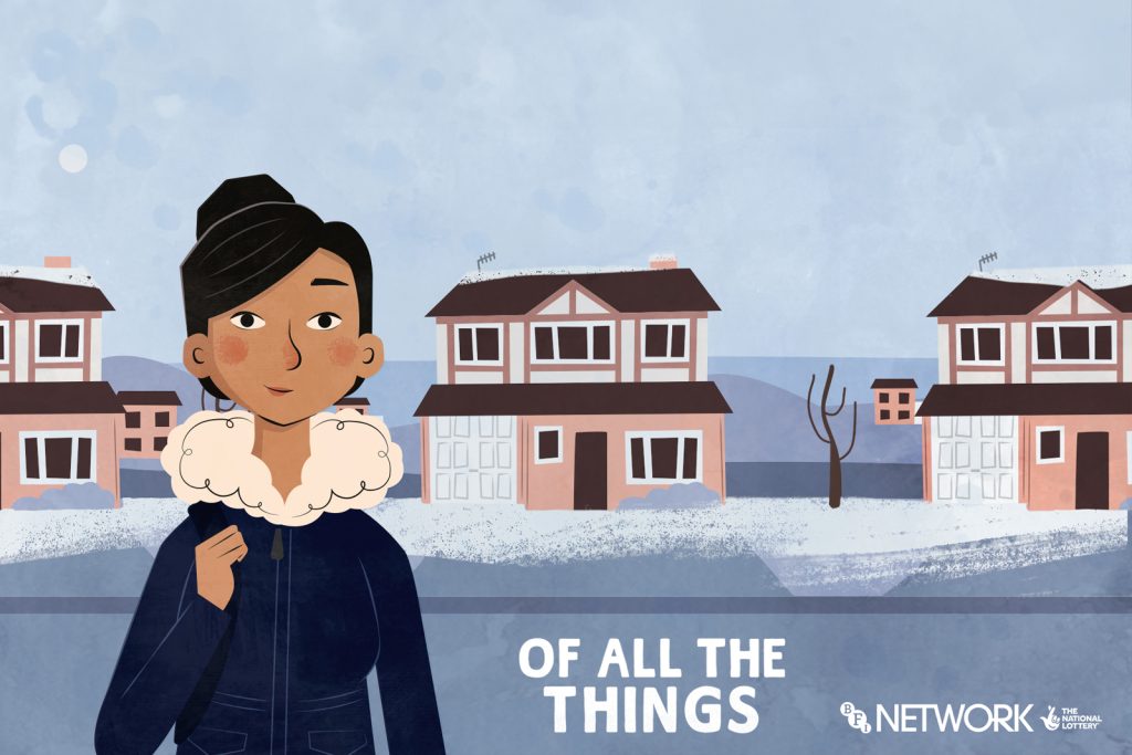 Illustration of a woman with dark hair wearing a blue coat with a white fur collar. She is holding a bag strap and stands in front of snow-covered houses. The text reads "OF ALL THE THINGS".