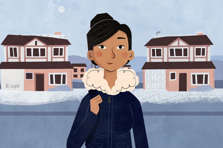 Illustration of a woman with dark hair wearing a blue coat with a white fur collar. She is holding a bag strap and stands in front of snow-covered houses.