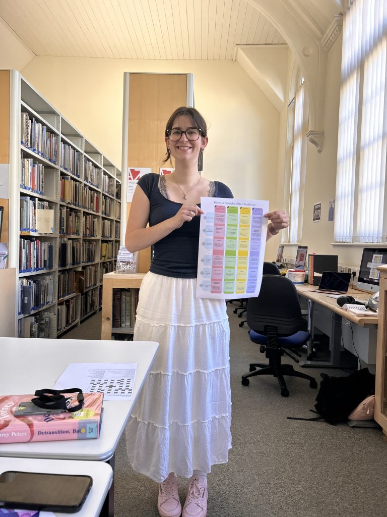 A person with glasses is holding up a colorful, chart-like paper and smiling in a library. They are wearing a dark gray T-shirt and a long white skirt, and stand near a table with books and glasses on it, and in front of bookshelves and computer stations.