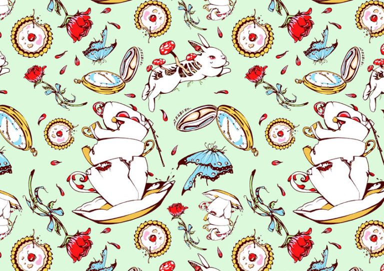 A whimsical pattern on a light green background featuring white rabbits with wings, teacups, roses, pocket watches, butterflies, and various small whimsical objects. The elements are colorful, creating a vibrant and playful design.