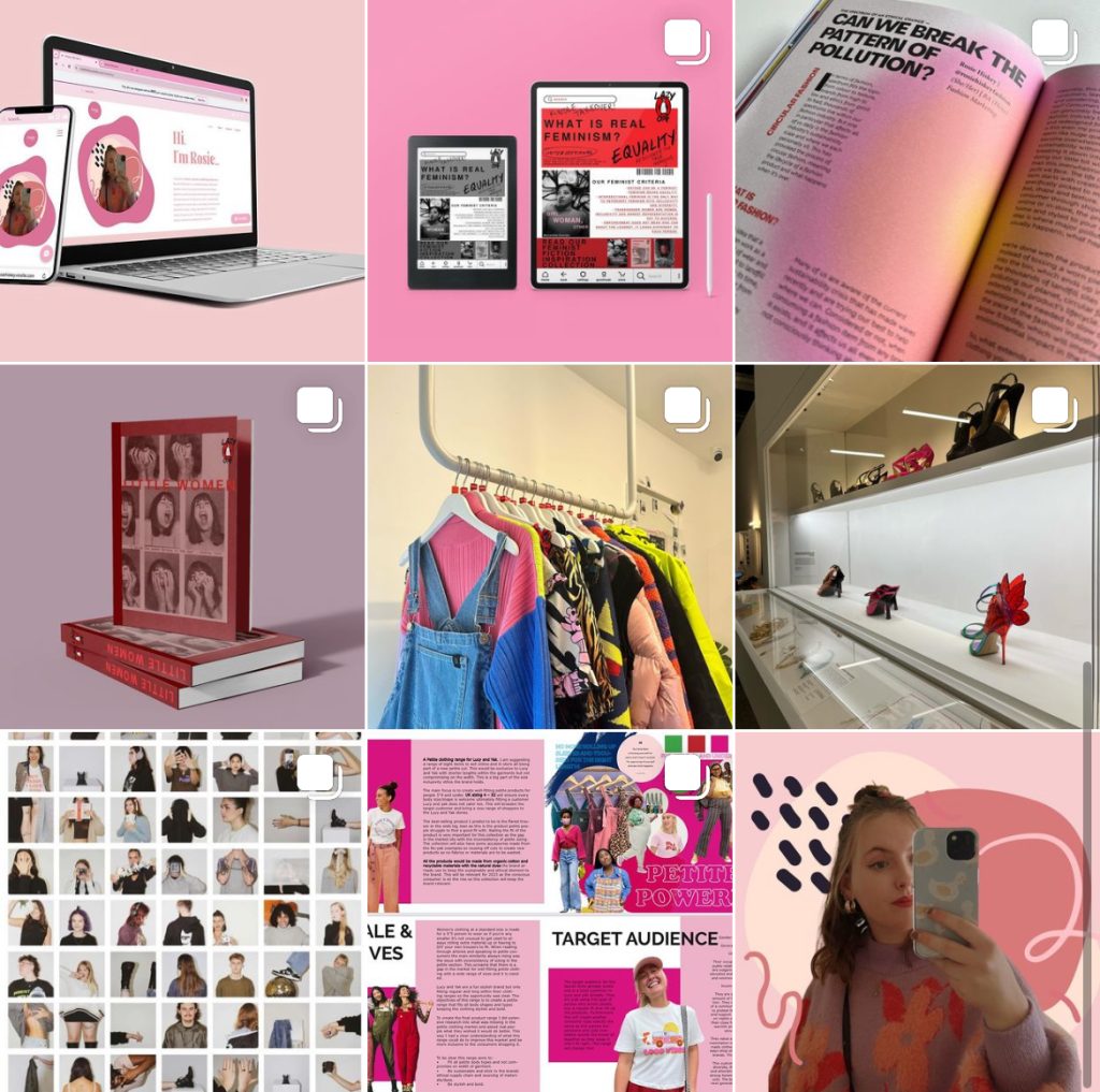 A 3x3 grid of photos showcasing various items: digital devices displaying content, books, colourful clothes on a rack, shoes in a store display, and a woman taking a selfie. Other images include text-based graphics, a book stack, and a magazine article.