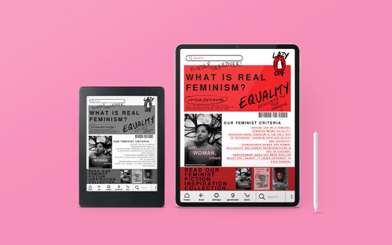 A digital tablet and an e-reader display a feminist-themed webpage on a pink background. The page includes text such as "What is Real Feminism?" and "Equality," with images of authors and book covers. A stylus is positioned next to the tablet.