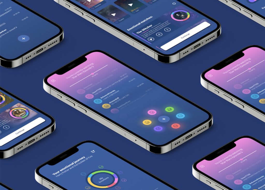 Smartphones displaying a wellness app interface with blue and pink gradient backgrounds, showcasing playlists titled "Emotional Wellness." Various colourful icons and progress trackers are visible on the screens, aiding in emotional clearing. Phones are arranged in a diagonal pattern on a blue background.