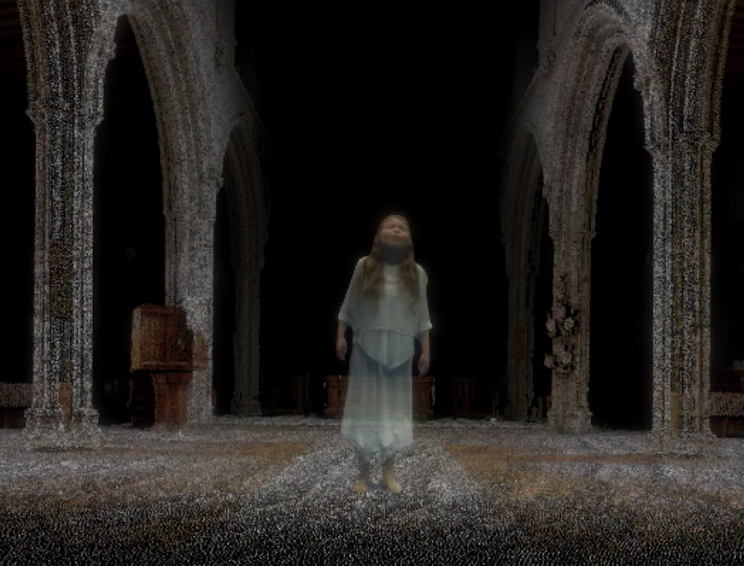 A ghostly figure of a person in a white, flowing dress stands in the middle of a dimly lit, gothic-style archway. The scene has an ethereal quality, with a dark background and faintly visible architectural details.