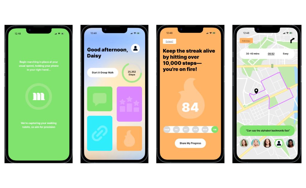 Four smartphone screens display different fitness app interfaces. The first shows a green screen with a start text and a microphone icon. The second welcomes a user named Daisy. The third encourages maintaining a step streak with a large "84." The fourth shows a map and routes.