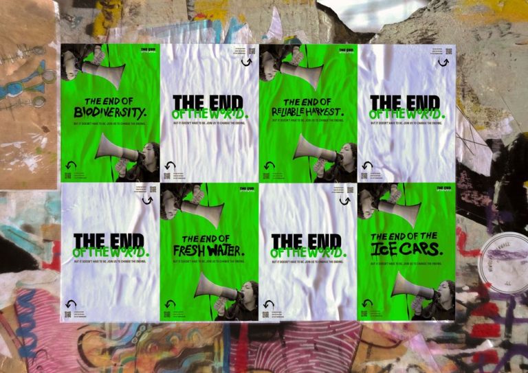 A graffitied wall covered with a series of posters. Each poster has a green background with a black-and-white image of a person shouting into a megaphone. Each poster reads “THE END OF THE…” followed by different words like “BIODIVERSITY” and “FRESH WATER.”.