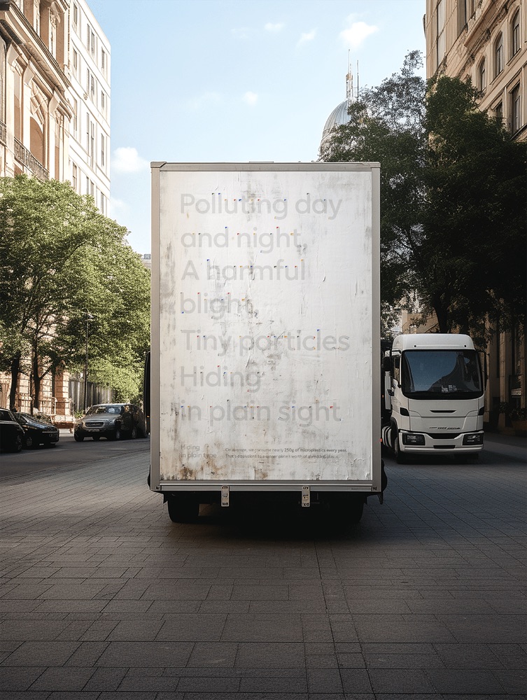 A truck is pictured from behind on a city street, displaying faint text about pollution and tiny particles. There are trees and buildings on either side, with another vehicle in front of the truck. The sky is partly cloudy.