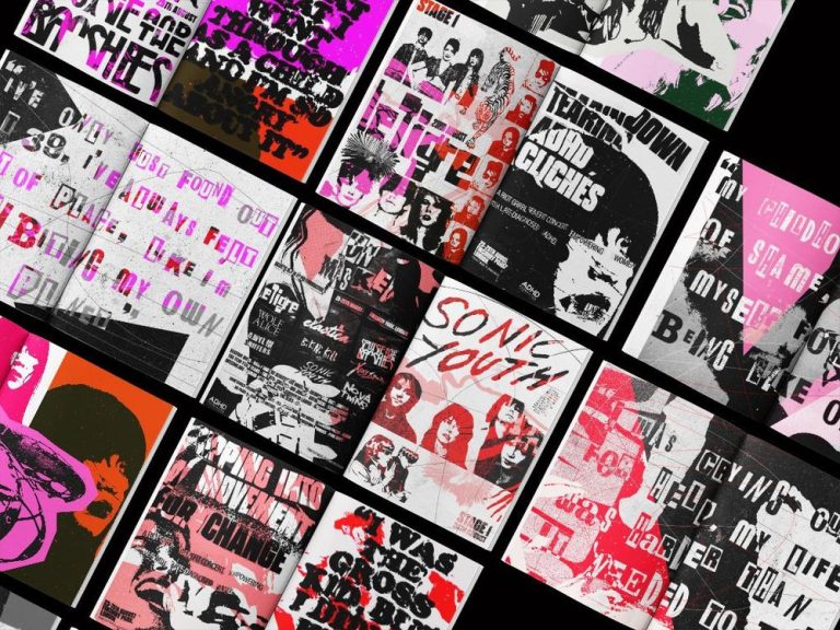 A collage of various punk rock concert posters arranged diagonally. The posters feature bold graphics, vivid colors, and text promoting bands and events. Elements include portraits, abstract illustrations, and grungy typography in shades of pink, black, red, and white.