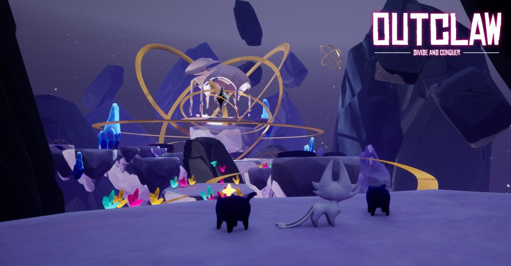 A fantastical landscape features a glowing orb structure with golden rings, surrounded by floating rocks. Two small creatures face the orb, with vibrant, colourful crystals scattered around the scene. The word "OUTCLAW" is displayed at the top.