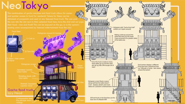 Illustration of a futuristic food truck named NeoTokyo. Features include a hologram screen, paper lanterns, and space for coin insertion. Instructions show the process to order meals from the food truck.