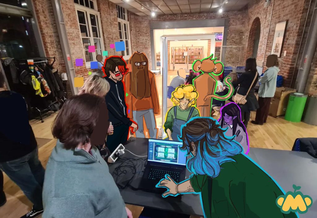 A group in a brick-walled room gathers around a laptop displaying a colourful design. Some people are digitally illustrated with vibrant outlines. Others observe the screen.