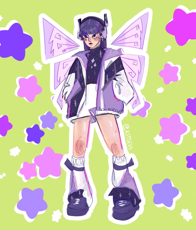 A character with short purple hair and butterfly wings, wearing a purple and white outfit with large shoes. The background is lime green with scattered purple and blue flowers.