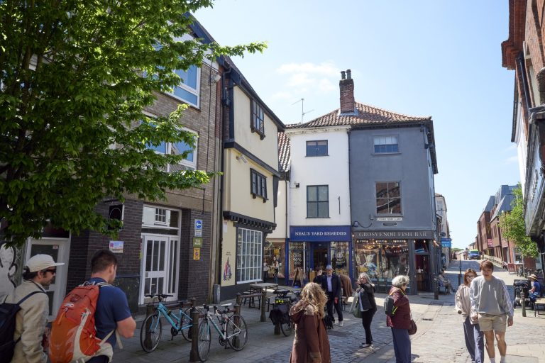 A bustling street scene with people walking and chatting. The street is lined with historic buildings, including shops. Several bicycles are parked against a wall, and a tree provides shade on a sunny day.