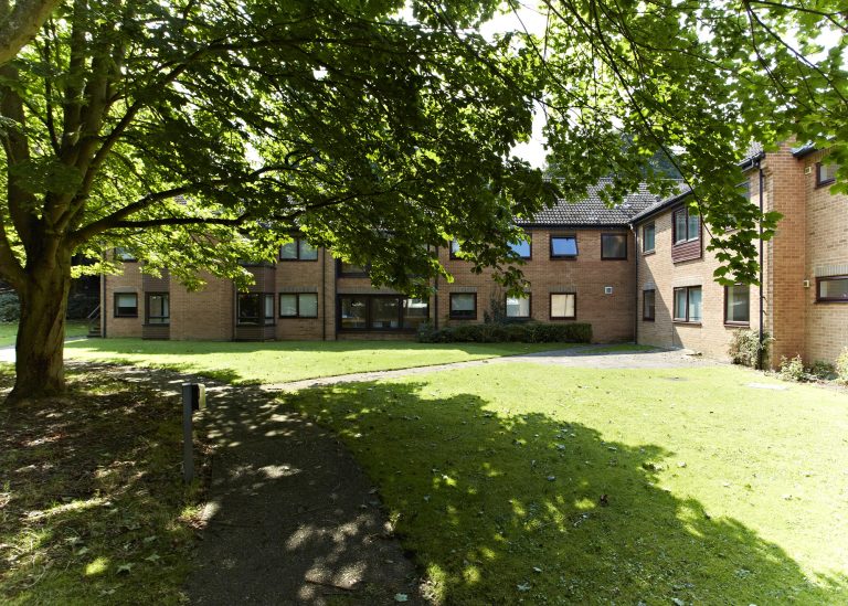 A shaded path leads to a brick building surrounded by a well-maintained lawn and trees, providing a peaceful, green environment. The building features large windows and is two stories high with a neutral color palette.